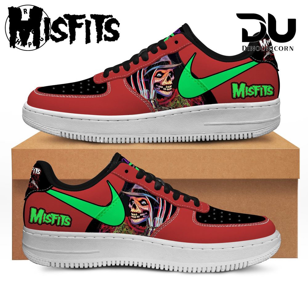 Misfits Air Force 1 featuring black leather, white skull logo, and high-contrast Crimson Ghost sneakers design inspired by the legendary horror punk band.