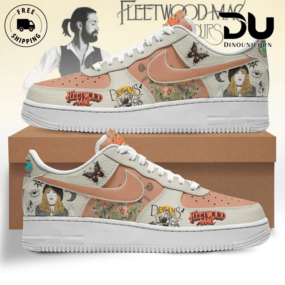 Fleetwood Mac Dreams Nike Air Force 1 Premium Shoes Image of Fleetwood Mac Dreams Air Force 1, a handcrafted classic rock Air Force 1 shoes design inspired by Dreams and Rumours, featuring bohemian textures and vintage elegance.