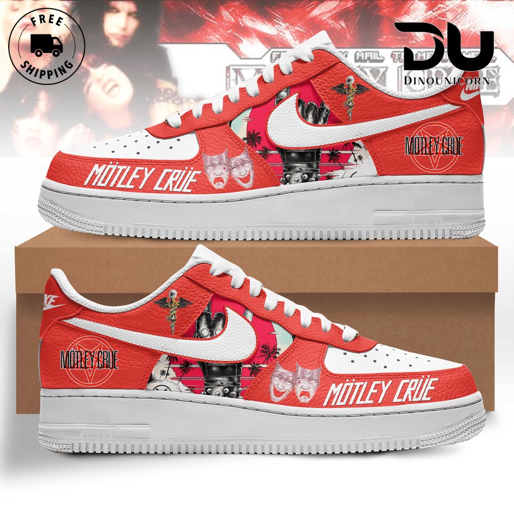 Motley Crue Forward my mail to me in hell Nike Air Force 1 Premium Shoes Photo of the Motley Crue Forward My Mail To Me In Hell Air Force 1 — limited-edition Motley Crue sneakers with Hell-themed graphics.