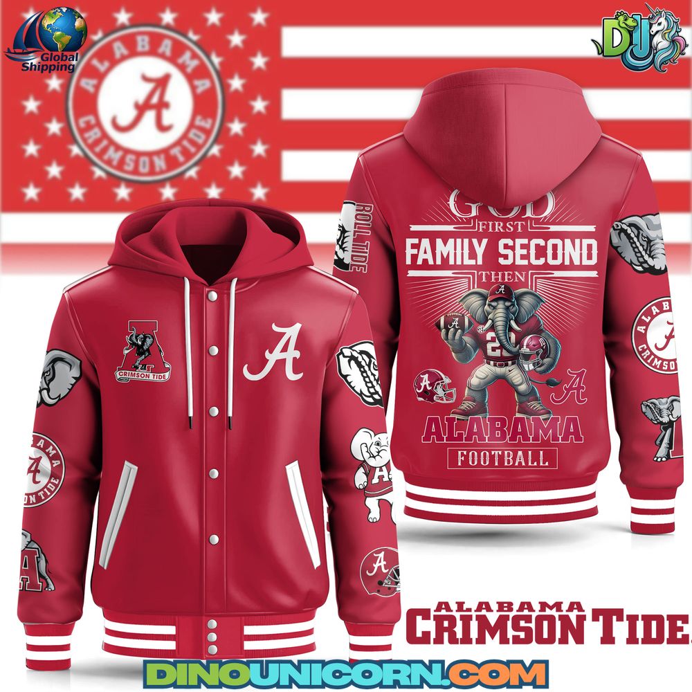 Alabama Crimson Tide Football NCAA Hooded Baseball Jacket Alabama Crimson Tide Football NCAA Hooded Baseball Jacket