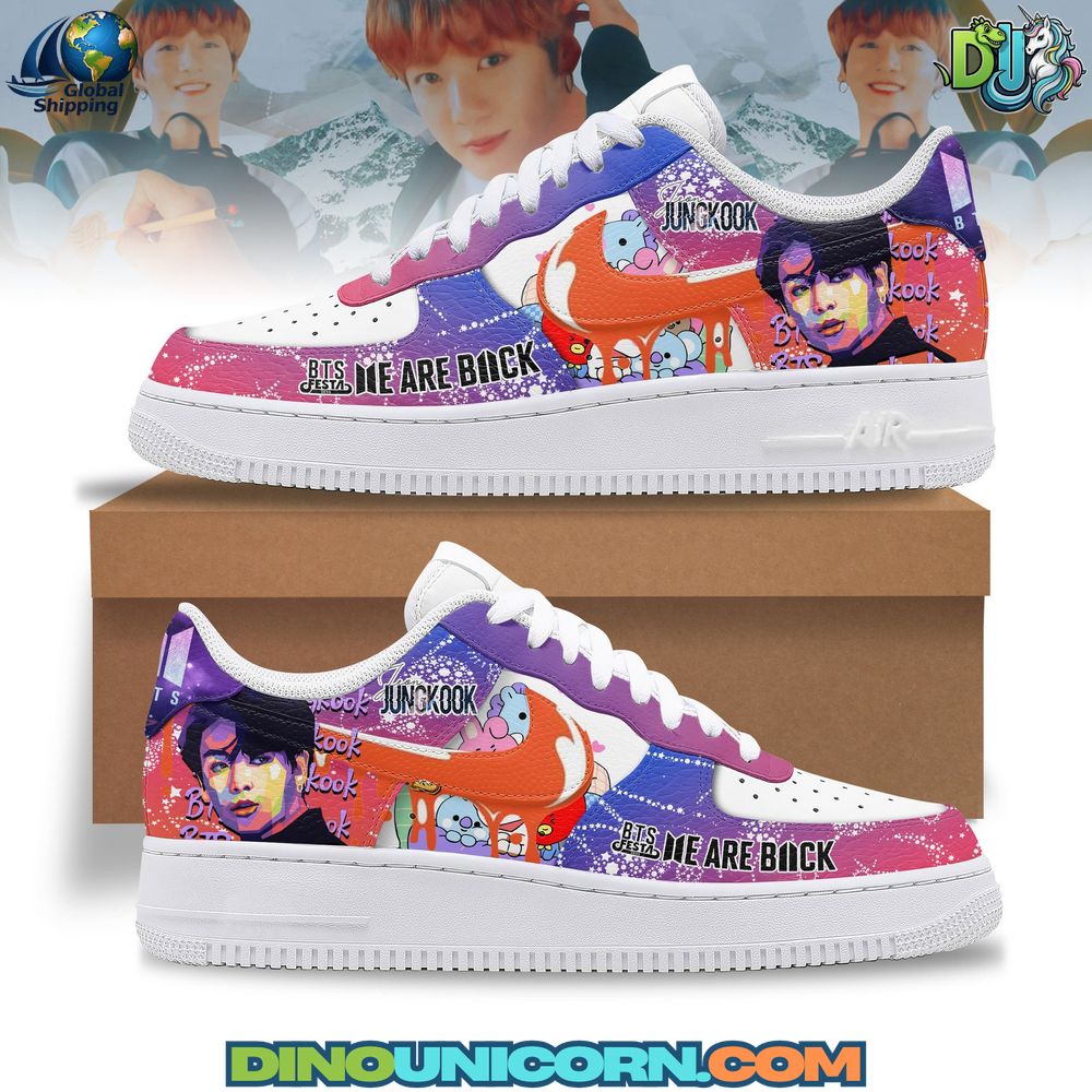 BTS festa 2025 Air Force 1 Sneaker BTS festa 2025 Air Force 1 Sneaker: Custom-designed BTS Festa 2025 Air Force 1 sneakers featuring vibrant colors and anime-style illustrations. The design includes a stylized portrait of BTS member Jungkook, cartoon characters, graffiti-style splashes in purple, pink, and orange tones, and bold text that reads 'JUNGKOOK' and 'BTS Festa - We Are Back.' The shoes have white soles and laces, with orange Nike swooshes and a fun, energetic aesthetic celebrating BTS