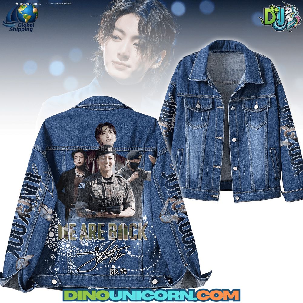 Jungkook BTS Denim Jacket Jungkook BTS Denim Jacket: Custom BTS Jungkook denim jacket featuring a collage of Jungkook in various outfits, including military uniform and casual wear. The back displays the phrase 'WE ARE BACK' in bold lettering with sparkles and Jungkook's printed signature. Both sleeves are decorated with his name 'JUNGKOOK' and butterfly graphics. The front of the jacket retains a classic denim design with button closures and chest pockets. Set against a faded stage portrait of Jungkook, the jacket pays tribute to his return and legacy.