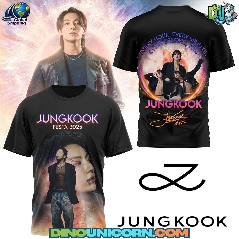 Jungkook BTS festa 2025 Tshirt Jungkook BTS festa 2025 T-shirt: Black Jungkook BTS Festa 2025 T-shirt featuring a bold, futuristic design. The front displays a double portrait of Jungkook with neon 'JUNGKOOK FESTA 2025' text. The back showcases three dynamic images of Jungkook posing confidently within a glowing cosmic ring, along with the quote 'Every hour, every minute, every second, you' above his printed signature. The design has a vibrant K-pop aesthetic with galaxy-inspired backgrounds and vivid color highlights.