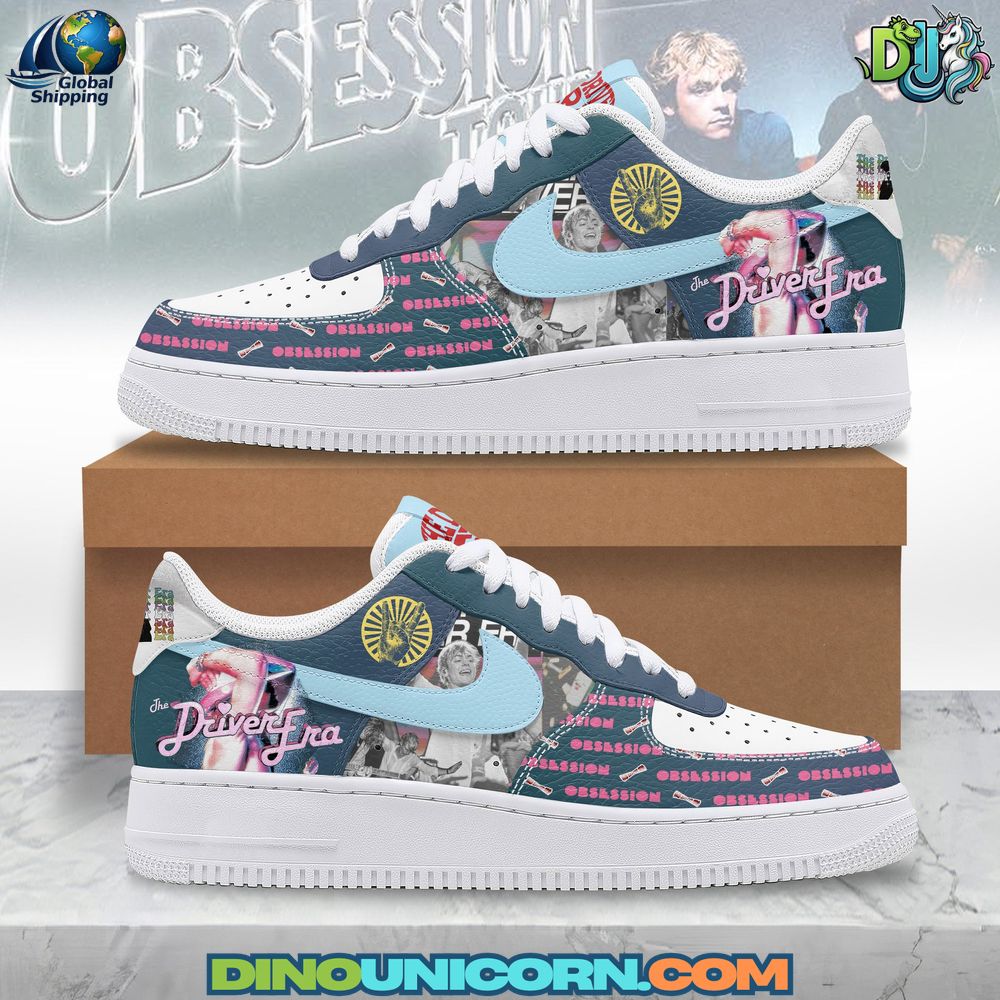 The Driver Era Air Force 1 Sneaker The Driver Era Air Force 1 Sneaker: Custom The Driver Era Air Force 1 sneakers featuring a collage-style design with images of the band members, 'The Driver Era' logo, and repeated pink 'OBSESSION' text over a dark blue and white base. The light blue Nike swoosh contrasts the multicolor artwork, which includes retro elements, concert shots, and graphic patterns. The sneakers have white soles and laces, blending streetwear aesthetics with pop rock fan culture.