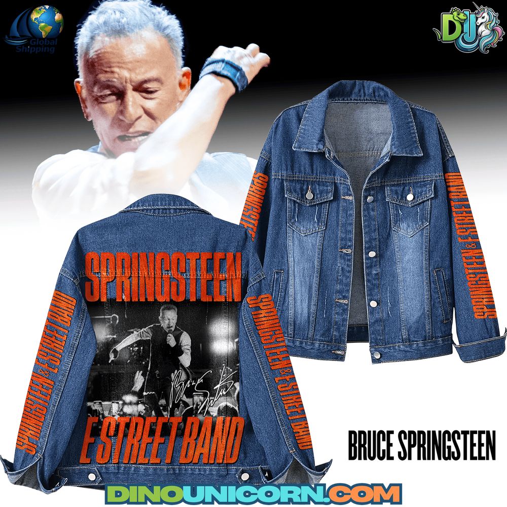 Bruce Springsteen Denim Jacket Bruce Springsteen denim jacket featuring embroidered details, distressed retro style, graphic concert artwork on the back, collectible fan merchandise outerwear inspired by Bruce Springsteen’s iconic rock and roll performances.