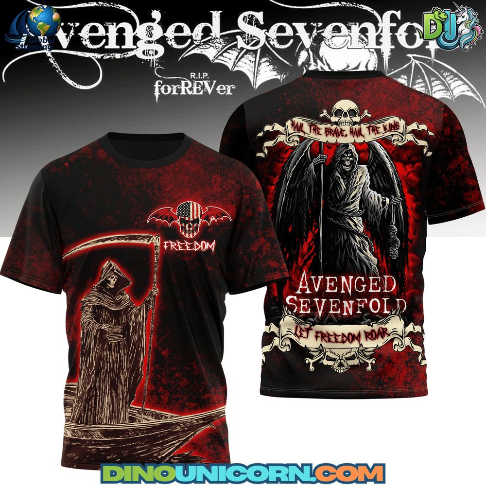 Avenged Sevenfold Band Tshirt Avenged Sevenfold Band T-shirt: Graphic Avenged Sevenfold band T-shirt in black and deep red tones with intense gothic artwork. The front features a grim reaper figure rowing a boat and a winged skull with an American flag design labeled 'FREEDOM'. The back showcases a large reaper with black wings, holding a decapitated head, surrounded by banners that read 'Hail the Brave, Hail the King' and 'Let Freedom Roar'. The band’s name, 'Avenged Sevenfold', is prominently displayed below.