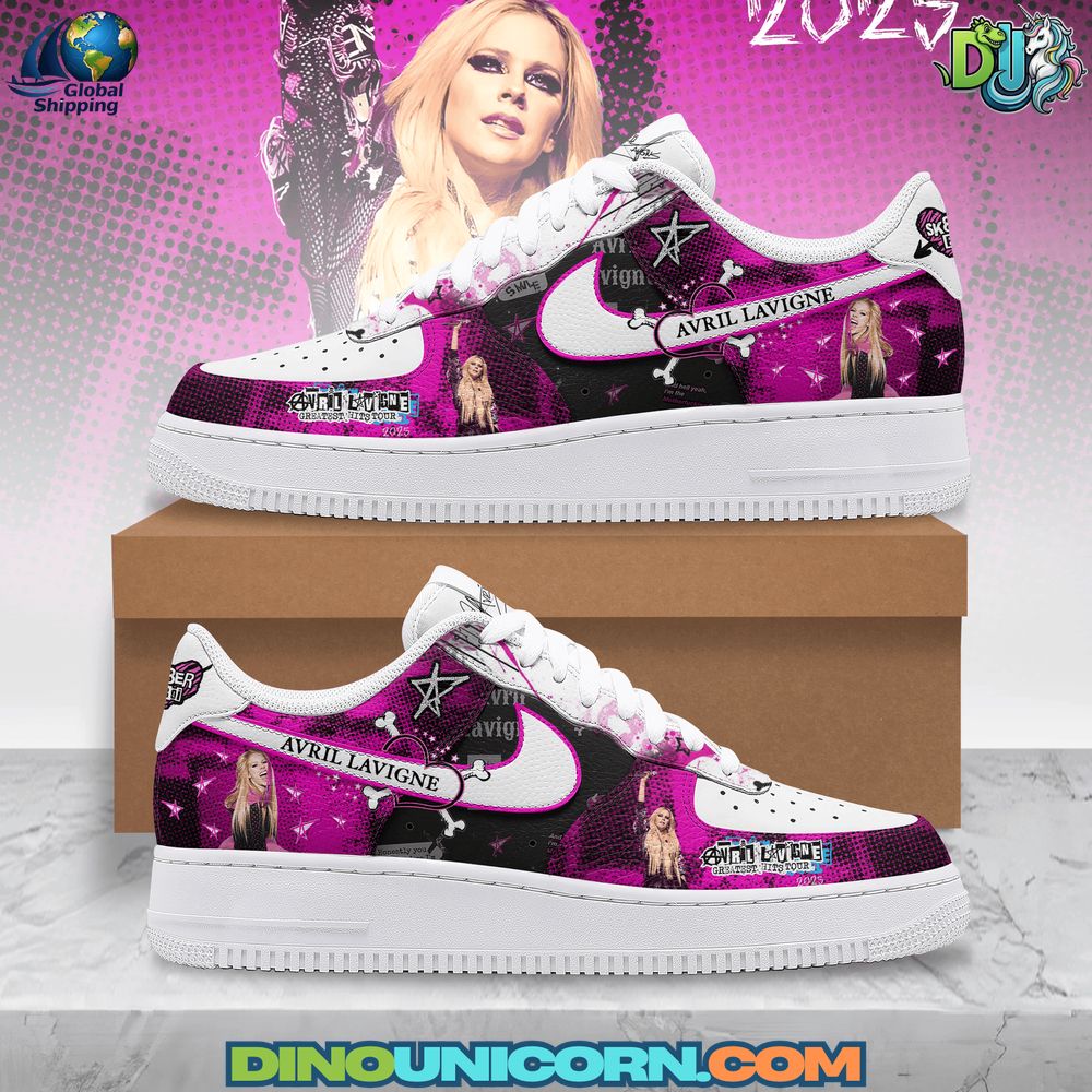 Avril Lavigne Air Force 1 Sneaker Avril Lavigne Air Force 1 Sneaker custom design, white Nike-inspired shoes with vibrant pink and black graphic artwork, featuring Avril Lavigne portraits, Sk8er Boi heart logo on the heel, star and bone motifs, and ‘Avril Lavigne’ text on the side, stylish fan merchandise sneaker with global shipping available at Dinounicorn.com.