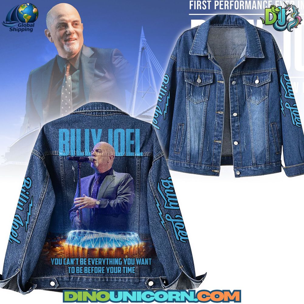 Billy Joel Denim Jacket Front and back view of Billy Joel denim jacket featuring embroidered name on sleeves, concert photo graphic on the back with Billy Joel performing, distressed vintage wash, collectible fan merchandise outerwear inspired by Billy Joel’s concert tours.