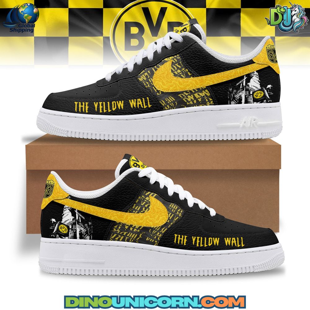 Borussia Dortmund Air Force 1 Sneaker Borussia Dortmund Air Force 1 Sneaker: Custom Borussia Dortmund-themed Nike Air Force 1-style sneakers in black and yellow. The design features a textured yellow Nike swoosh, ‘THE YELLOW WALL’ text on the toe panel, and a graphic of Borussia Dortmund fans and stadium on the heel area. The tongue and heel tab display the BVB club logo. The shoes are shown on a cardboard box with a clean, neutral background.