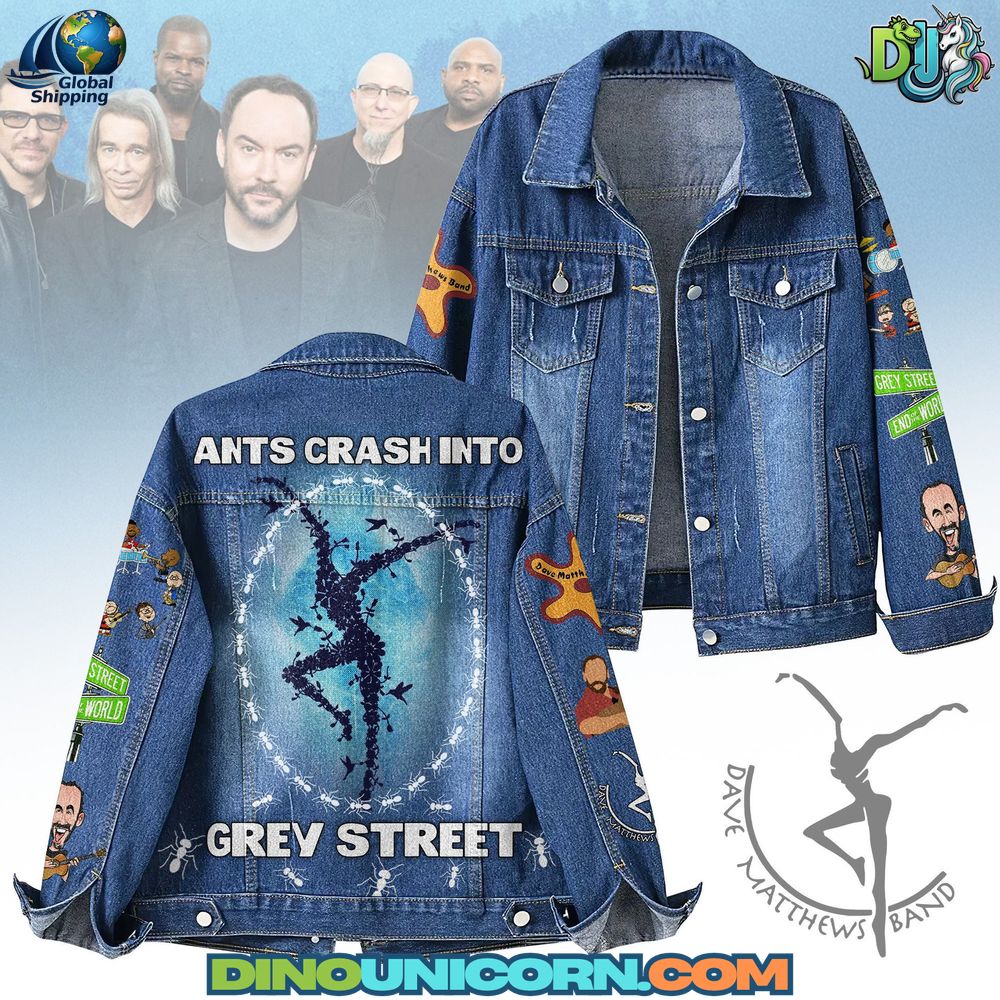 Dave Matthews Band Denim Jacket Dave Matthews Band denim jacket with embroidered details, distressed retro finish, graphic artwork on the back, collectible fan merchandise outerwear inspired by Dave Matthews Band concerts and jam band culture.