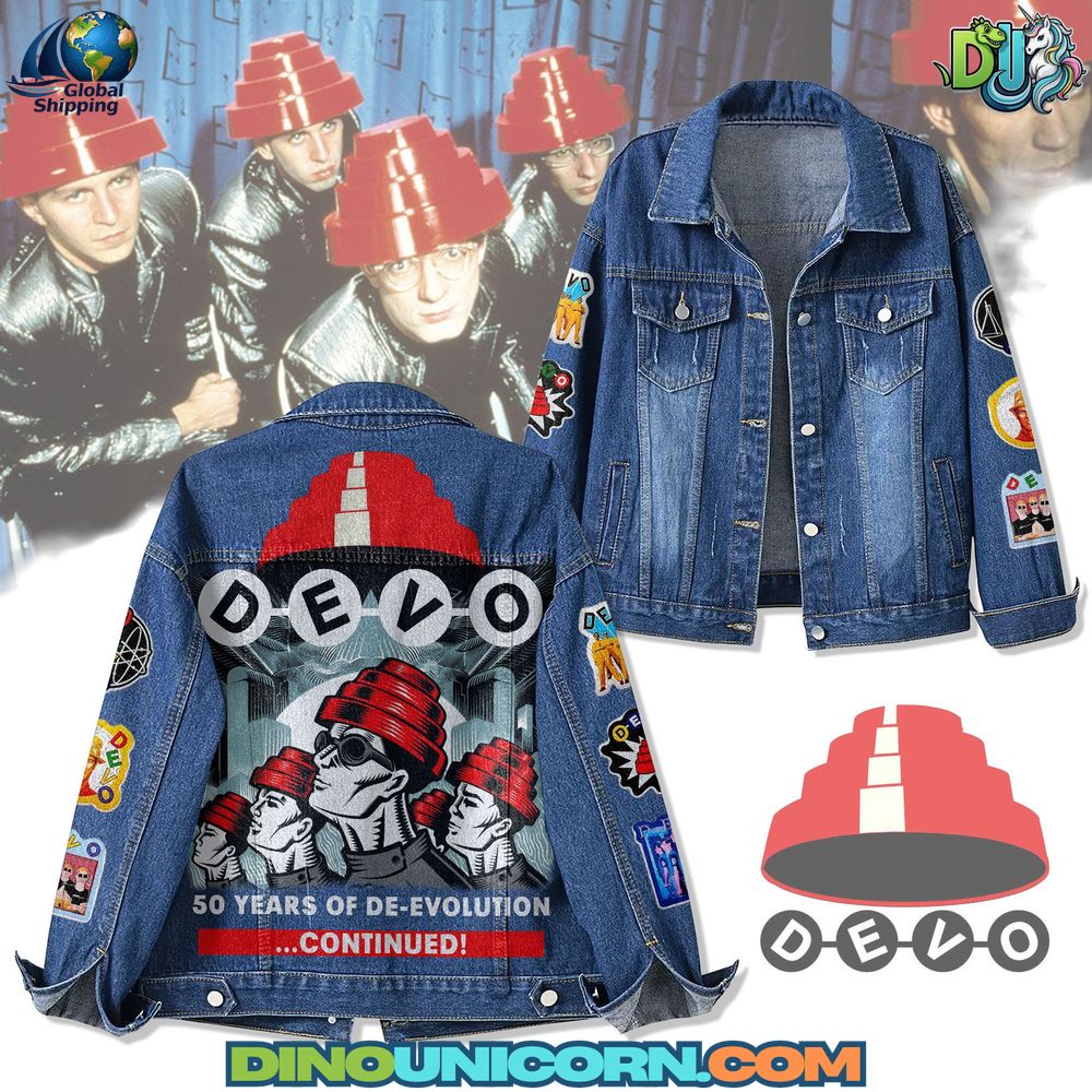Devo band denim jacket with embroidered patches and back art celebrating 50 years of De-Evolution