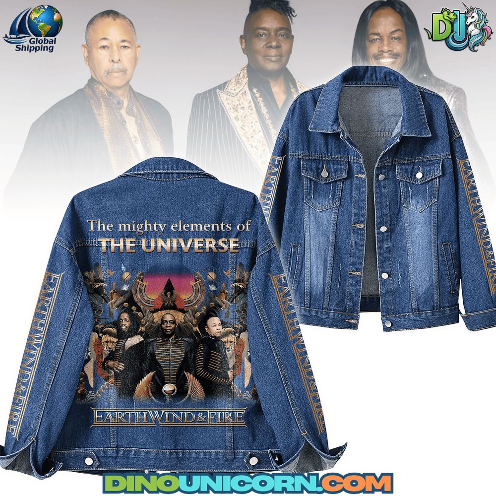 Earth Wind Fire Denim Jacket Earth, Wind & Fire Denim Jacket: Blue Earth, Wind & Fire denim jacket featuring a vivid back design with the band members in a cosmic and Afro-futuristic setting. Above them, the text reads “The mighty elements of THE UNIVERSE,” and below, the band’s name “EARTH, WIND & FIRE” is prominently displayed. The sleeves have the band's name printed in gold lettering along the arms. The front has a classic denim jacket design with button closures and chest pockets.