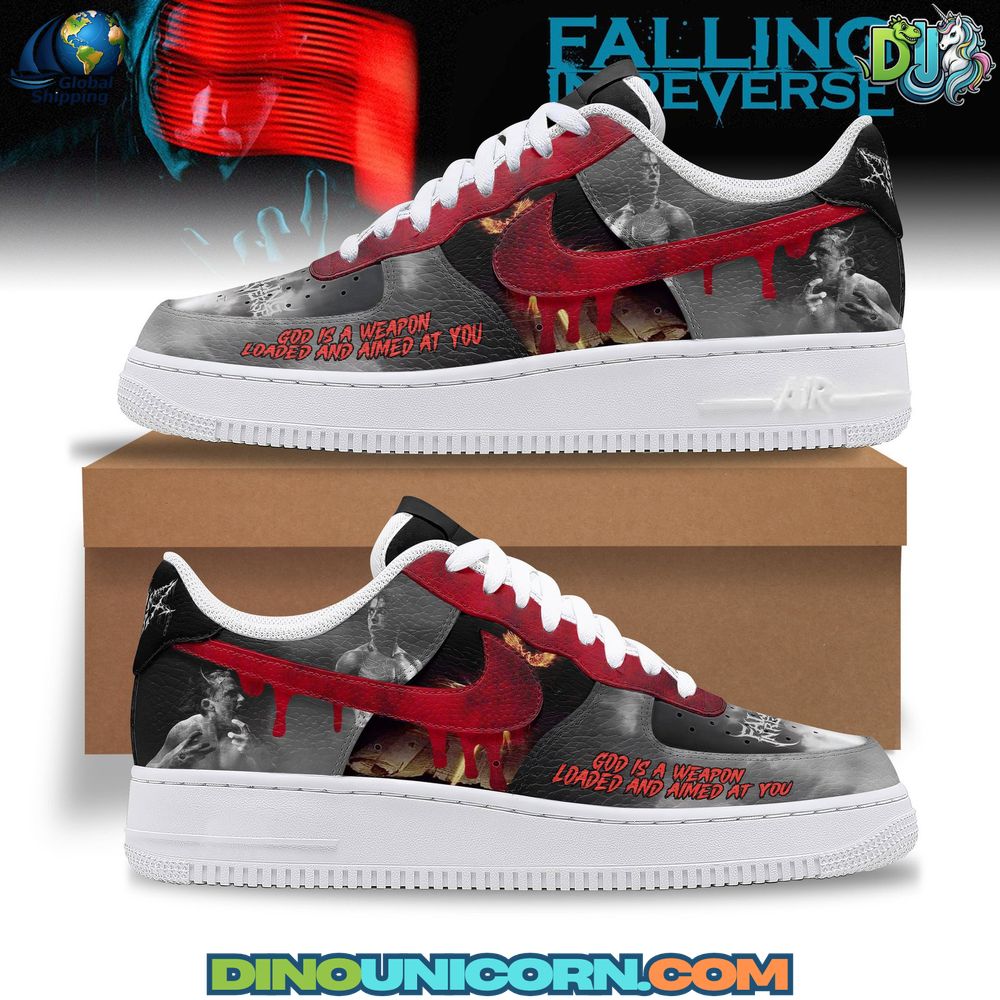 Falling In Reverse Air Force 1 sneaker featuring custom graphic design with red dripping swoosh, Ronnie Radke imagery, and the quote “God is a weapon loaded and aimed at you,” exclusive Falling In Reverse custom Nike shoes for fans and collectors.