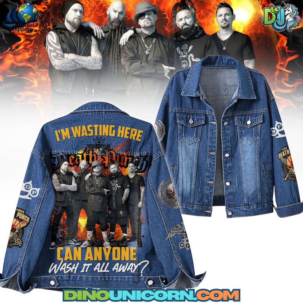 Five Finger Death Punch Denim Jacket Five Finger Death Punch denim jacket featuring band members' image on the back with yellow text 'I’m Wasting Here, Can Anyone Wash It All Away?', band logos on sleeves, and button-up front.