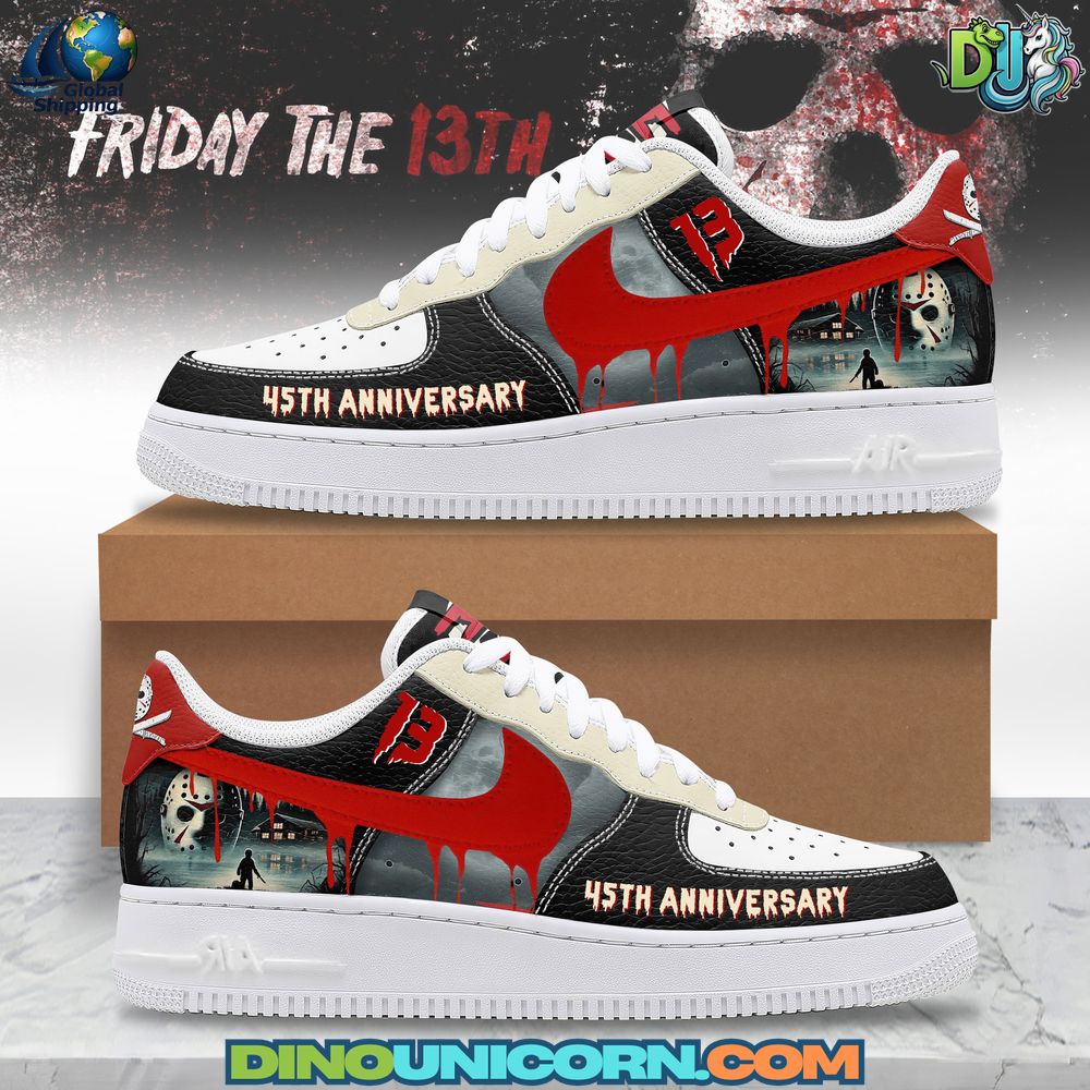 Side view of Friday the 13th 45th Anniversary Air Force 1 sneakers with blood-splatter swoosh and Jason Voorhees artwork. Top view showing “45” detail on tongue. Back heel featuring Jason’s hockey mask and machete cross design.