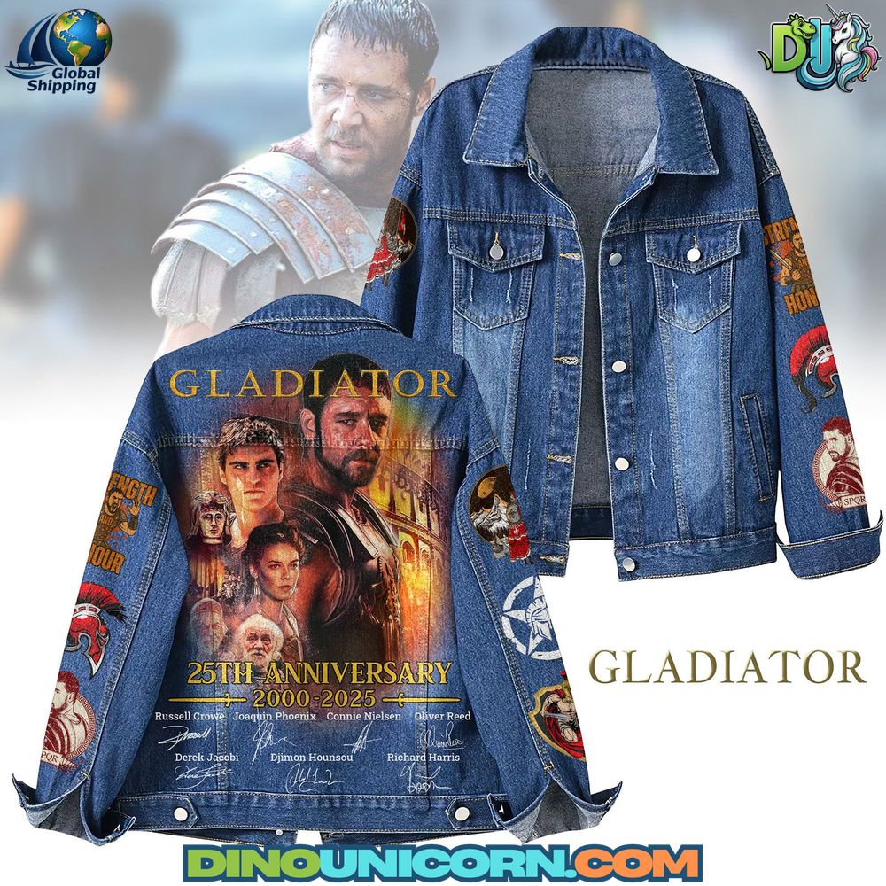 Gladiator 25th Anniversary Denim Jacket Gladiator 25th Anniversary Denim Jacket: Blue denim jacket celebrating the 25th anniversary of the film Gladiator (2000–2025), featuring a vivid back graphic of the movie’s main characters, including Russell Crowe, Joaquin Phoenix, and Connie Nielsen. The text “25th Anniversary 2000–2025” is displayed beneath the artwork, along with the actors’ names and signatures. The sleeves are decorated with thematic patches and symbols inspired by the film, including gladiator helmets, lions, and quotes like “Strength and Honor.” The front of the jacket features a classic button-up design with chest pockets.