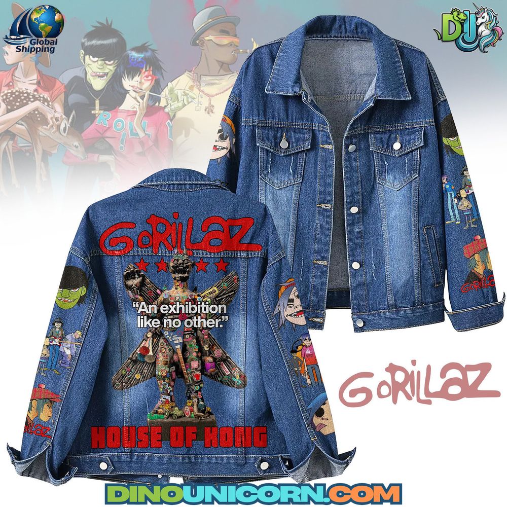Gorillaz Denim Jacket Front and back view of Gorillaz Denim Jacket featuring embroidered band logo, House of Kong artwork, animated character patches, and collectible fan merchandise design in durable blue denim.