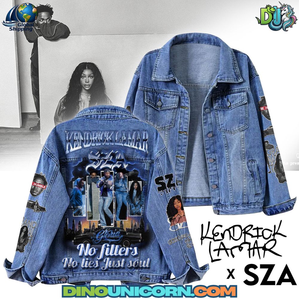 Kendrick Lamar x SAZ Denim Jacket Back view of Kendrick Lamar x SZA denim jacket with bold hip-hop graphics and fan art prints.