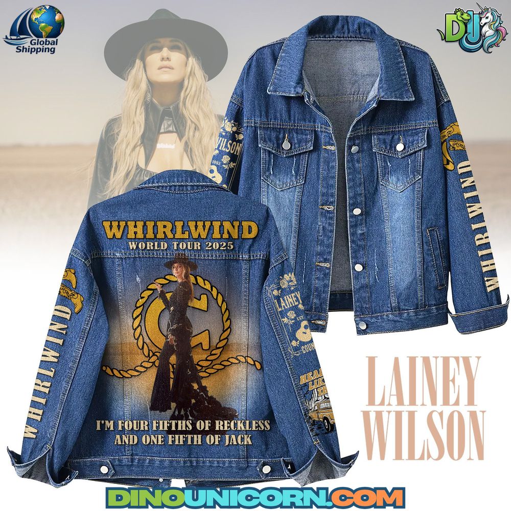Lainey Wilson Denim Jacket Lainey Wilson Denim Jacket, blue jean jacket with country music tour graphics, featuring Whirlwind World Tour 2025 print on the back, Lainey Wilson portrait, rope emblem, and golden text details, stylish collectible fan outerwear with button closure and printed sleeves, available at Dinounicorn.com.