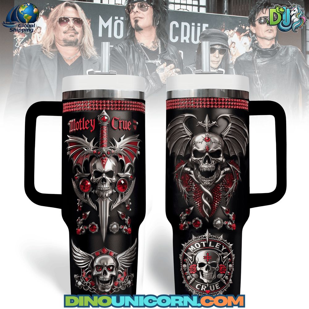 Motley Crue Stanley Tumbler Cup Motley Crue Stanley Tumbler Cup featuring gothic skull designs, bat wings, red jewel accents, and heavy metal-inspired artwork on a premium insulated stainless steel tumbler.