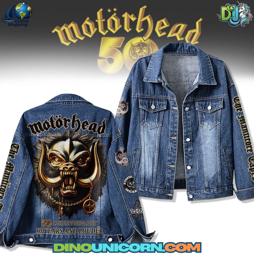 Motorhead Denim Jacket Motorhead denim jacket with Snaggletooth graphic and 50th anniversary design, embroidered and distressed jean jacket with patches, collectible limited edition rock and roll band apparel for heavy metal fans.