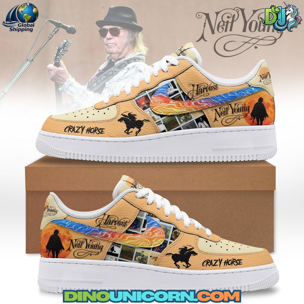 Neil Young Air Force 1 Sneaker Neil Young Air Force 1 Sneakers featuring Harvest and Crazy Horse-inspired artwork, album graphics, embroidered details, and premium collectible Nike design.