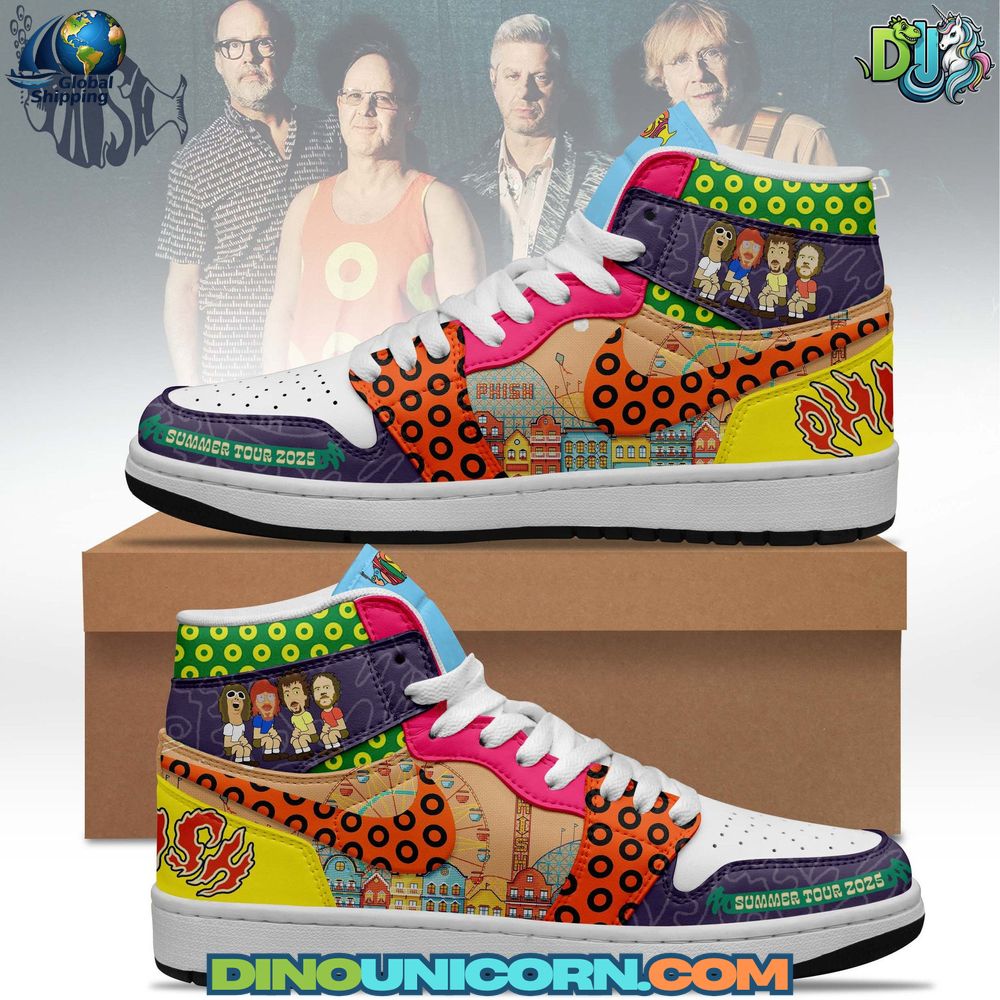 Phish Rock Band Air Jordan 1 Sneaker Phish Rock Band Air Jordan 1 Sneaker: "Custom Air Jordan 1-style sneakers inspired by the rock band Phish, featuring a vibrant, multicolored comic-style design. The shoes include cartoon illustrations of the band members, a cityscape graphic, psychedelic orange and black circular patterns, and the word 'PHISH' on the heel. The toe area displays 'SUMMER TOUR 2025' in green font. The sneakers are shown on a cardboard box with a marble surface and a Phish logo in the background.