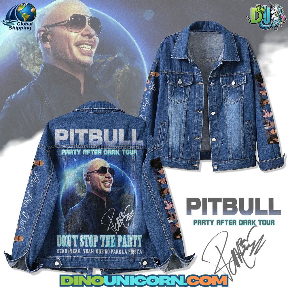 Pitbull singer denim jacket with tour artwork and embroidered sleeve designs