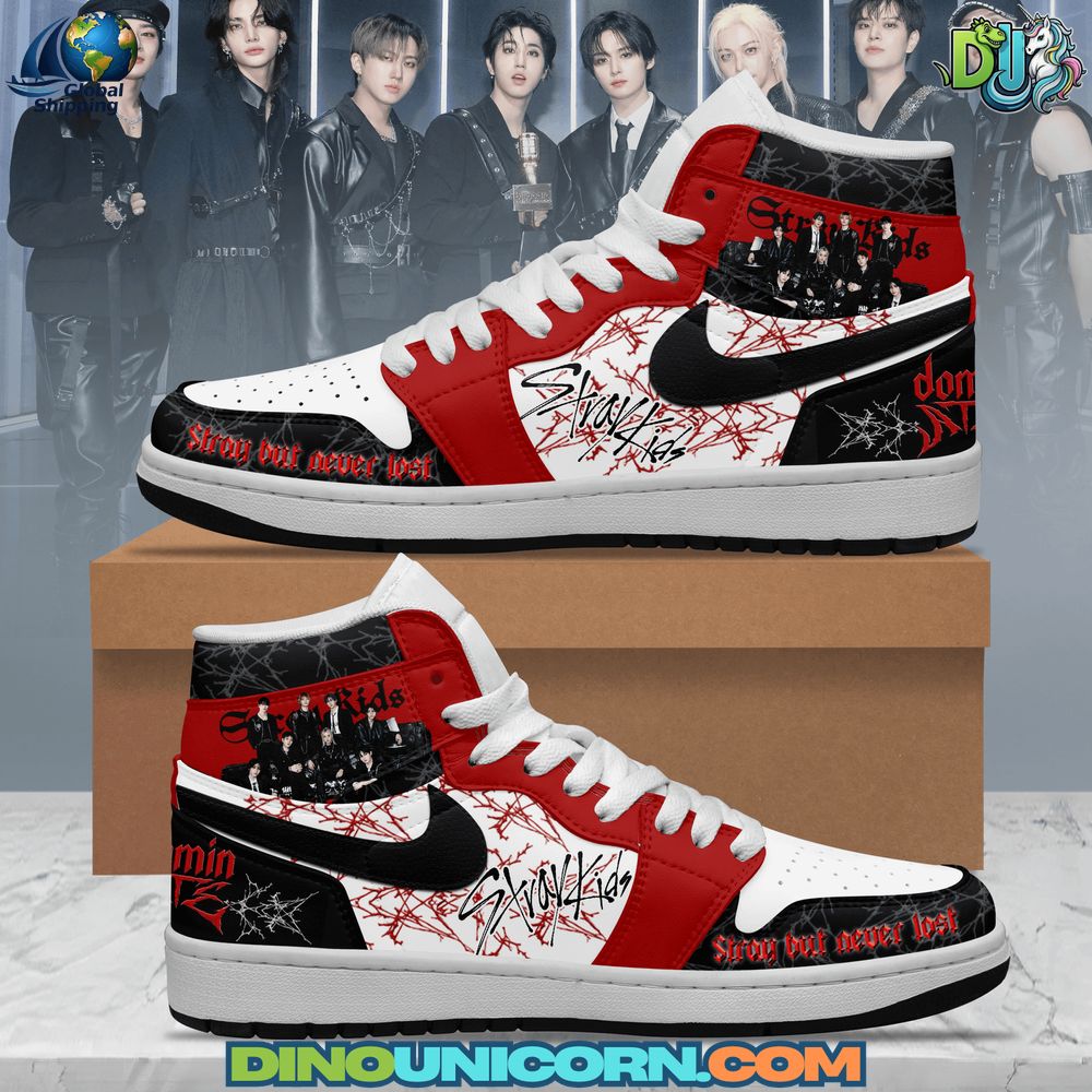 Stray Kids Air Jordan 1 Sneaker Stray Kids Air Jordan 1 sneakers in red, black, and white, featuring group photo graphics, barbed wire patterns, 'Stray but never lost' text, and black Nike swoosh.
