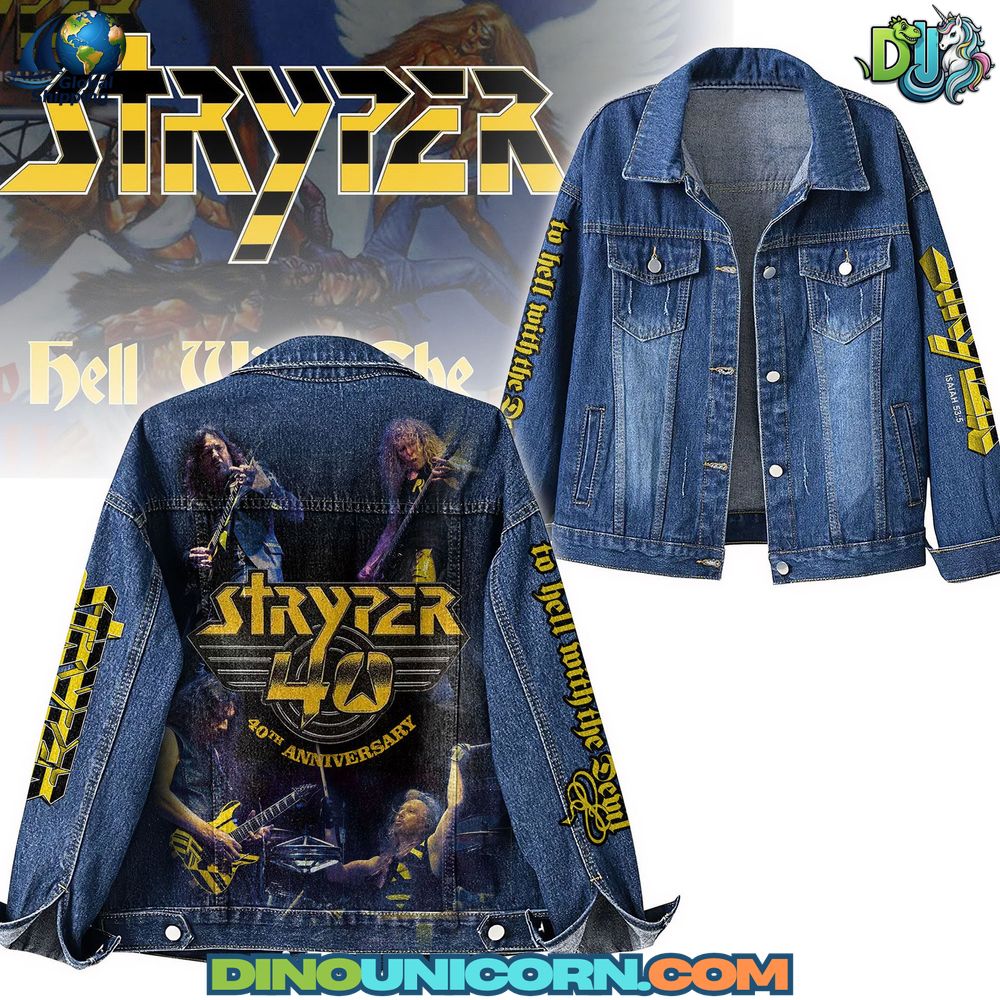 Stryper Denim Jacket Stryper Denim Jacket 40th Anniversary edition with bold band graphics, yellow logos, and “To Hell with the Devil” sleeve design, collectible rock outerwear.