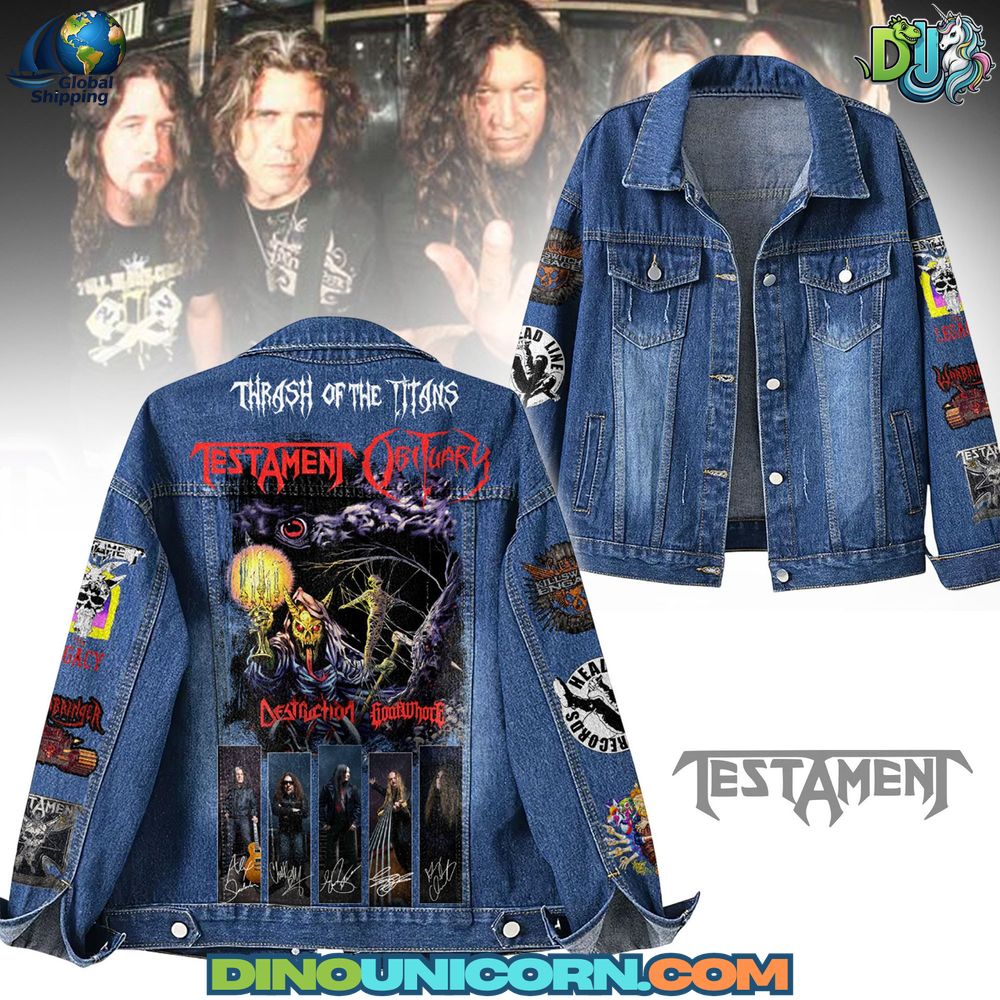 Testament Band Denim Jacket Testament Band Denim Jacket: Thrash metal-themed denim jacket featuring artwork dedicated to bands like Testament, Obituary, Death Angel, and Heathen. The back of the jacket displays the title “Thrash of the Titans” along with vibrant cover-style artwork and stylized band logos in red and white. The design also includes autographed band member images along the bottom. The sleeves are adorned with multiple patch-style graphics and logos of other metal bands, showcasing a collage of colorful, gritty visuals. The front of the jacket remains classic with button-up closures and chest pockets, balancing traditional denim style with heavy metal fan flair.