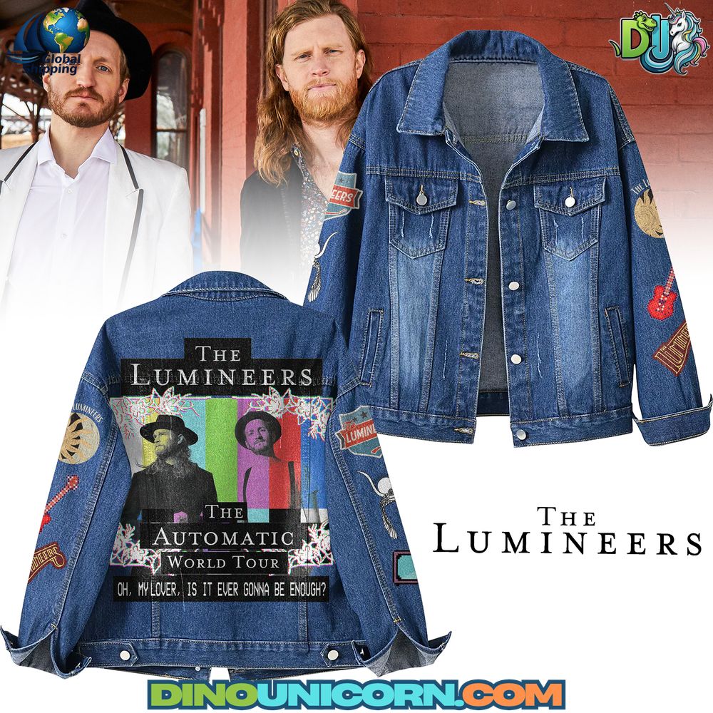 The Lumineers Denim Jacket The Lumineers Denim Jacket, blue jean jacket featuring The Lumineers band graphic on the back with colorful portraits, tour text ‘The Automatic World Tour’ and ‘Oh My Lover, Is It Ever Gonna Be Enough?’, detailed sleeve patches with guitars and logos, stylish fan collectible outerwear available at Dinounicorn.com.