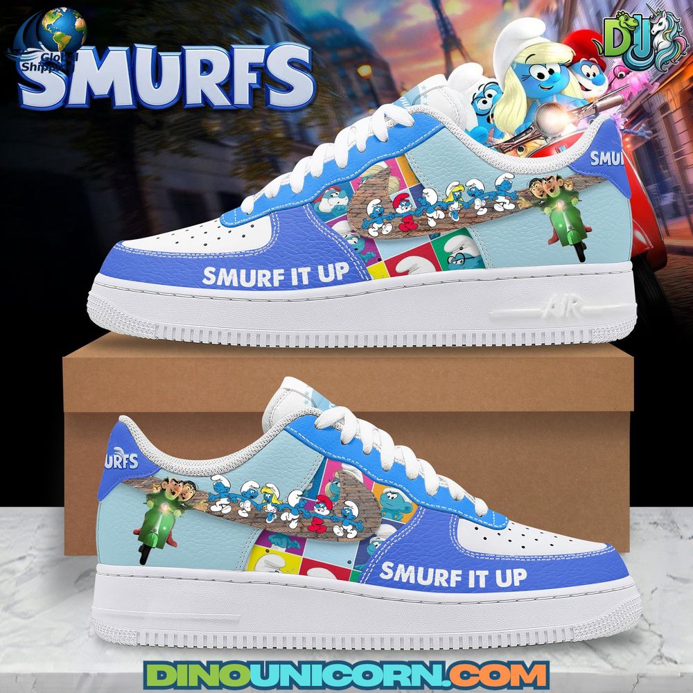 The Smurfs Air Force 1 Sneaker The Smurfs Air Force 1 Sneaker, custom blue and white shoes featuring Smurfs cartoon characters, Gargamel on a green scooter, playful graphic panels, and text ‘Smurf It Up’, stylish collectible fan sneakers inspired by The Smurfs, available at Dinounicorn.com.