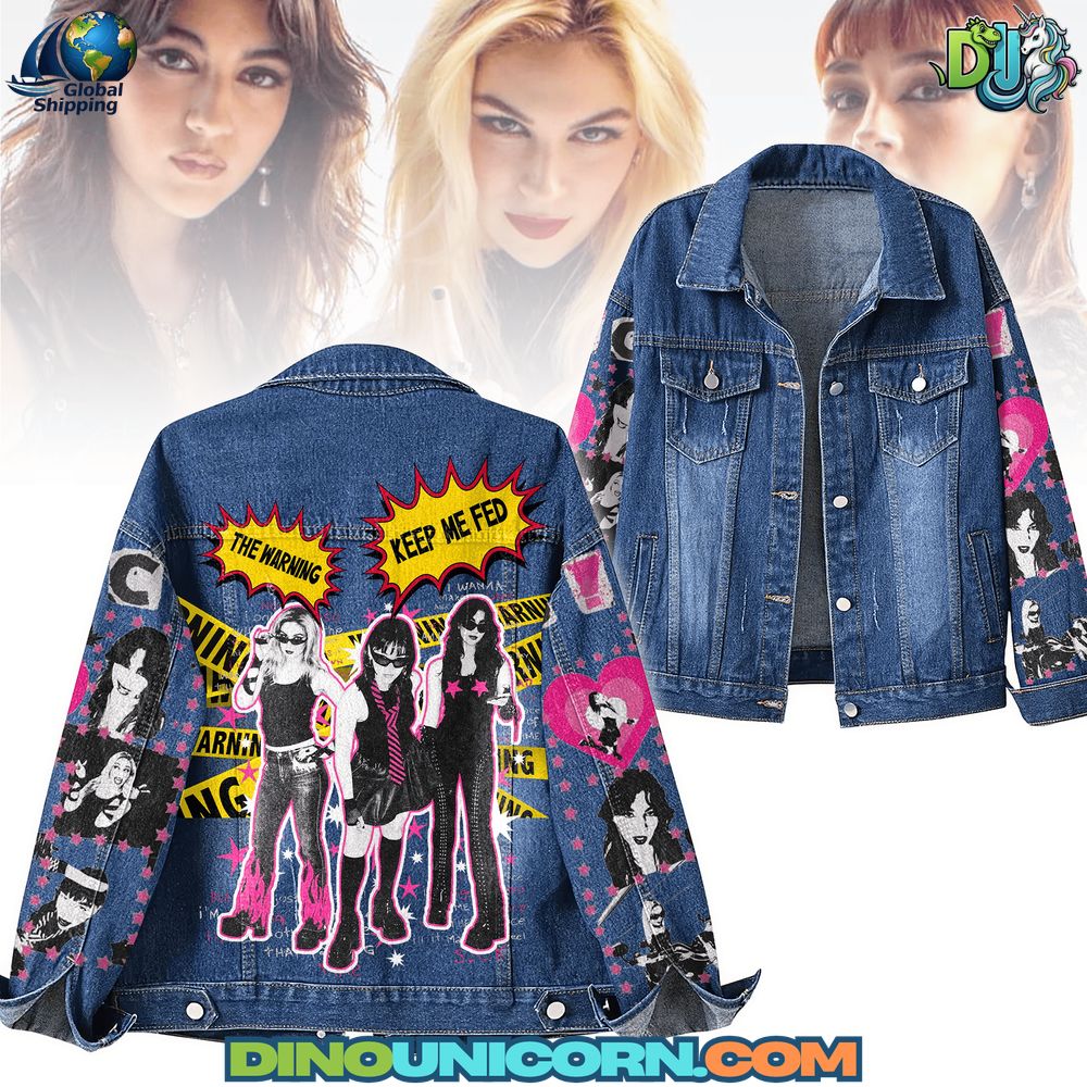The Warning Denim Jacket The Warning denim jacket with distressed blue jean base, pop-art style portraits, “The Warning” and “Keep Me Fed” comic text, pink star graphics, unisex rock-inspired streetwear style.