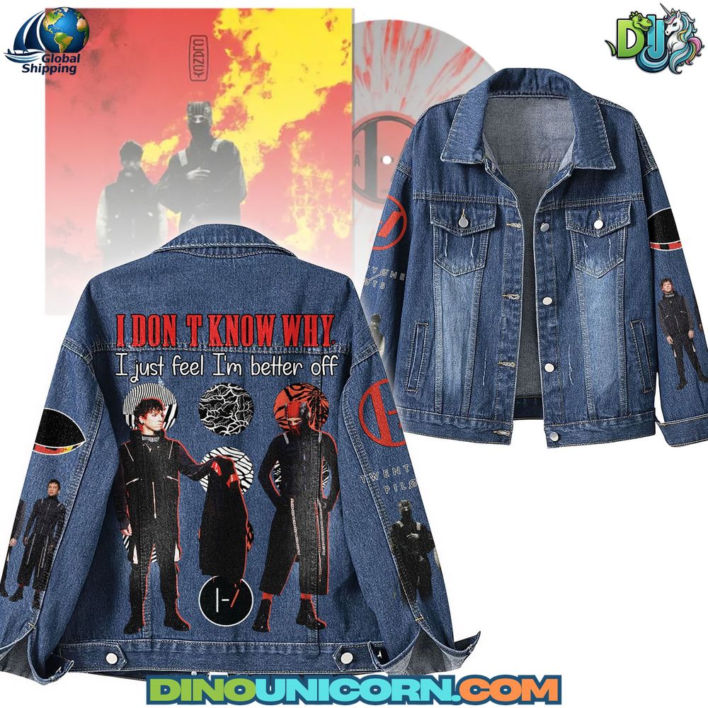 Twenty One Pilots Denim Jacket Twenty One Pilots denim jacket with embroidered details, distressed vintage finish, bold graphic artwork inspired by concert visuals, collectible fan merchandise outerwear for alternative rock and streetwear fashion.