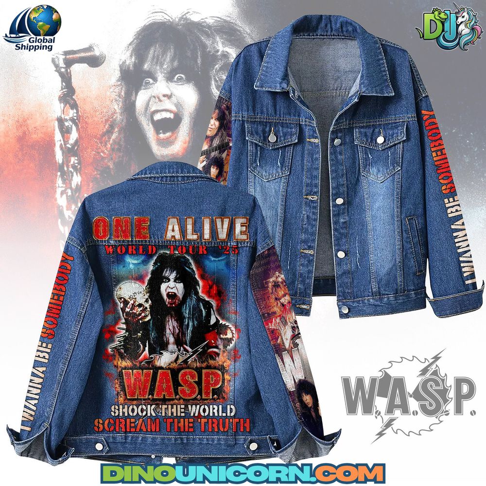 WASP Band Denim Jacket Back view of W.A.S.P. band denim jacket featuring fiery graphics, tour artwork, and heavy metal imagery.