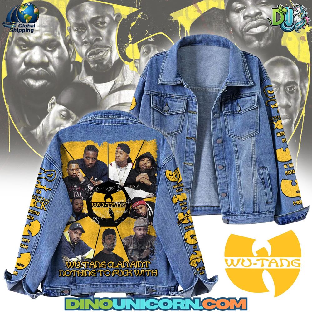 WuTang Clan Denim Jacket Wu-Tang Clan denim jacket with embroidered logo, group portraits, and sleeve graphics. Limited edition hip-hop merch jean jacket for fans, concerts, and streetwear fashion.