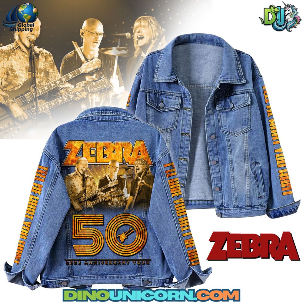 Zebra Band Denim Jacket Back view of Zebra Band denim jacket with 50th Anniversary Tour 2025 artwork and golden graphics.