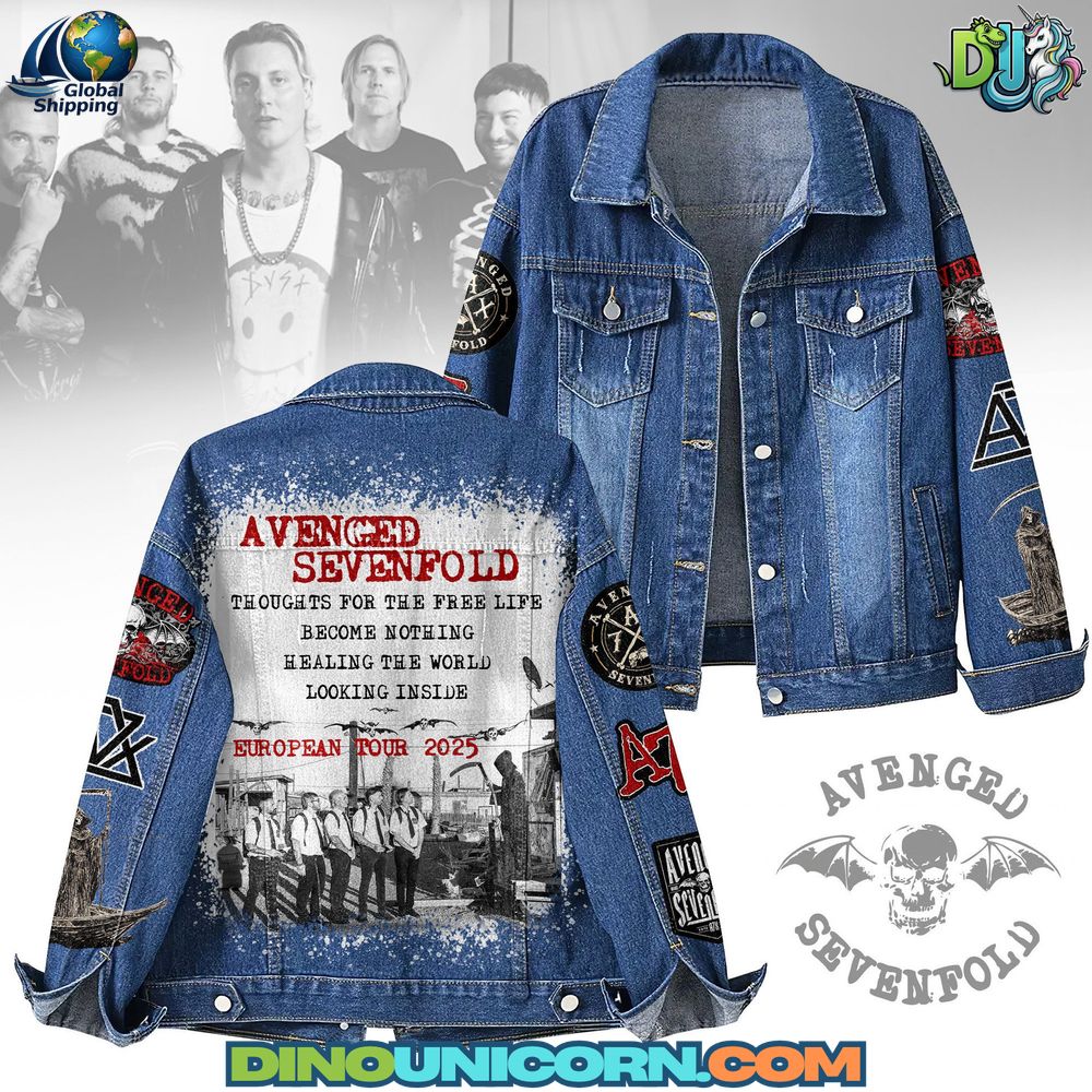 Avenged Sevenfold Denim Jacket Avenged Sevenfold denim jacket featuring embroidered band patches, distressed denim finish, and European Tour 2025 back graphic, limited edition collectible outerwear for rock band fans.
