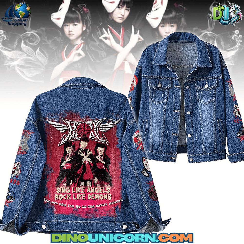 Babymetal Denim Jacket featuring embroidered graphics of the Japanese kawaii metal band, distressed and patchwork design with bold artwork on the back, stylish collectible fan merchandise denim outerwear, perfect for concerts, tours, and everyday fashion.