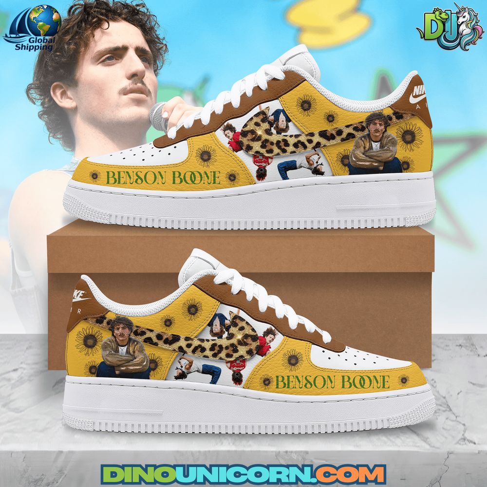 Benson Boone Air Force 1 Sneaker Benson Boone Air Force 1 sneaker with custom sunflower and leopard print design, featuring Benson Boone portraits, exclusive Nike AF1 fan merchandise, limited edition collectible sneaker for music lovers and streetwear fans.