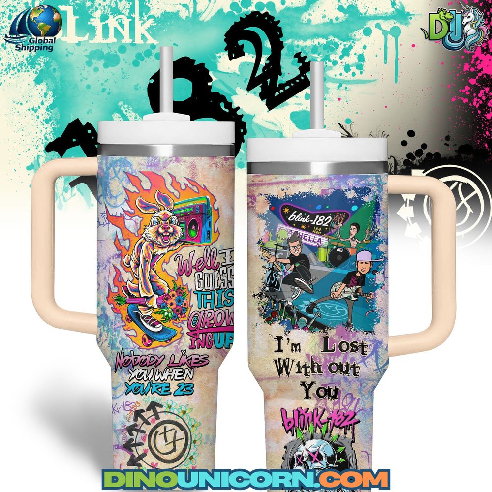 Blink182 Stanley Tumbler Cup Blink-182 Stanley tumbler cup with colorful graffiti artwork, insulated stainless steel fan drinkware, Blink-182 collectible tour merchandise, hot and cold reusable water bottle with pop punk band graphics.