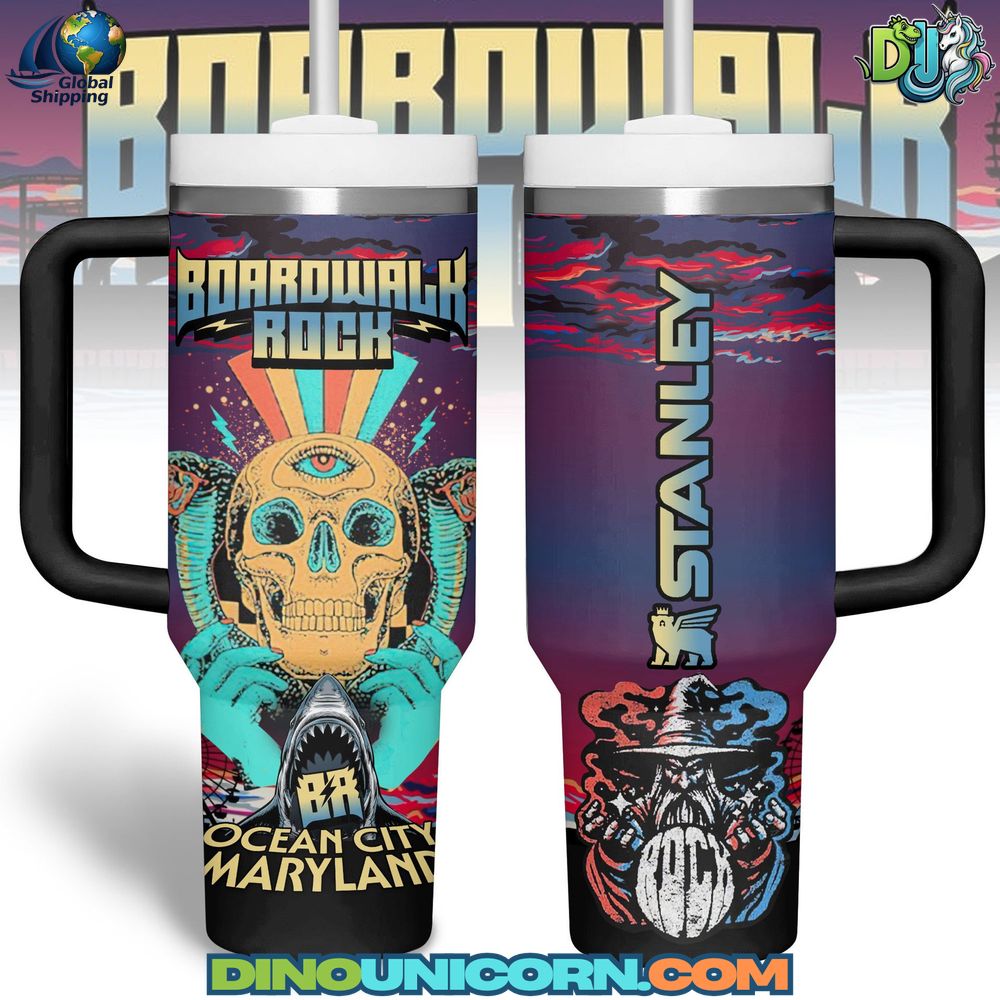 Boardwalk Rock Stanley Tumbler Cup Boardwalk Rock Stanley Tumbler Cup with bold skull artwork, Ocean City Maryland text, and colorful rock-inspired graphics, insulated stainless steel tumbler with handle, reusable straw, leak-proof lid, limited edition collectible fan merchandise drinkware.