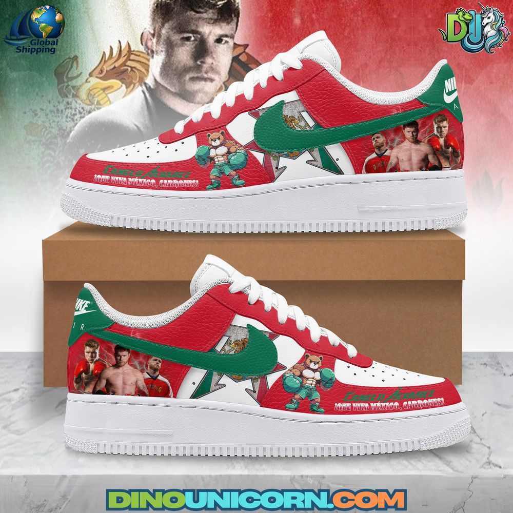 Canelo Alvarez Air Force 1 Sneaker Canelo Alvarez Air Force 1 sneaker with Mexican flag colors, boxing graphics, champion portraits, and exclusive Nike AF1 custom design for boxing fans.