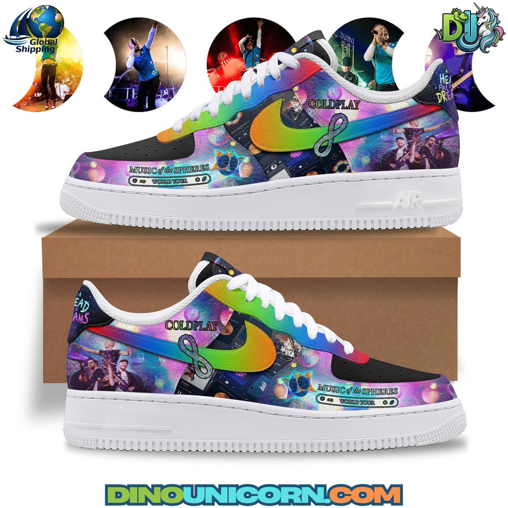 Coldplay Air Force 1 Sneaker Coldplay Air Force 1 Sneaker featuring custom rainbow swoosh, galaxy-inspired artwork, Coldplay concert graphics, and Music of the Spheres World Tour theme. Limited edition Coldplay Nike Air Force 1 collectible sneakers designed for fans, fashion, and streetwear.