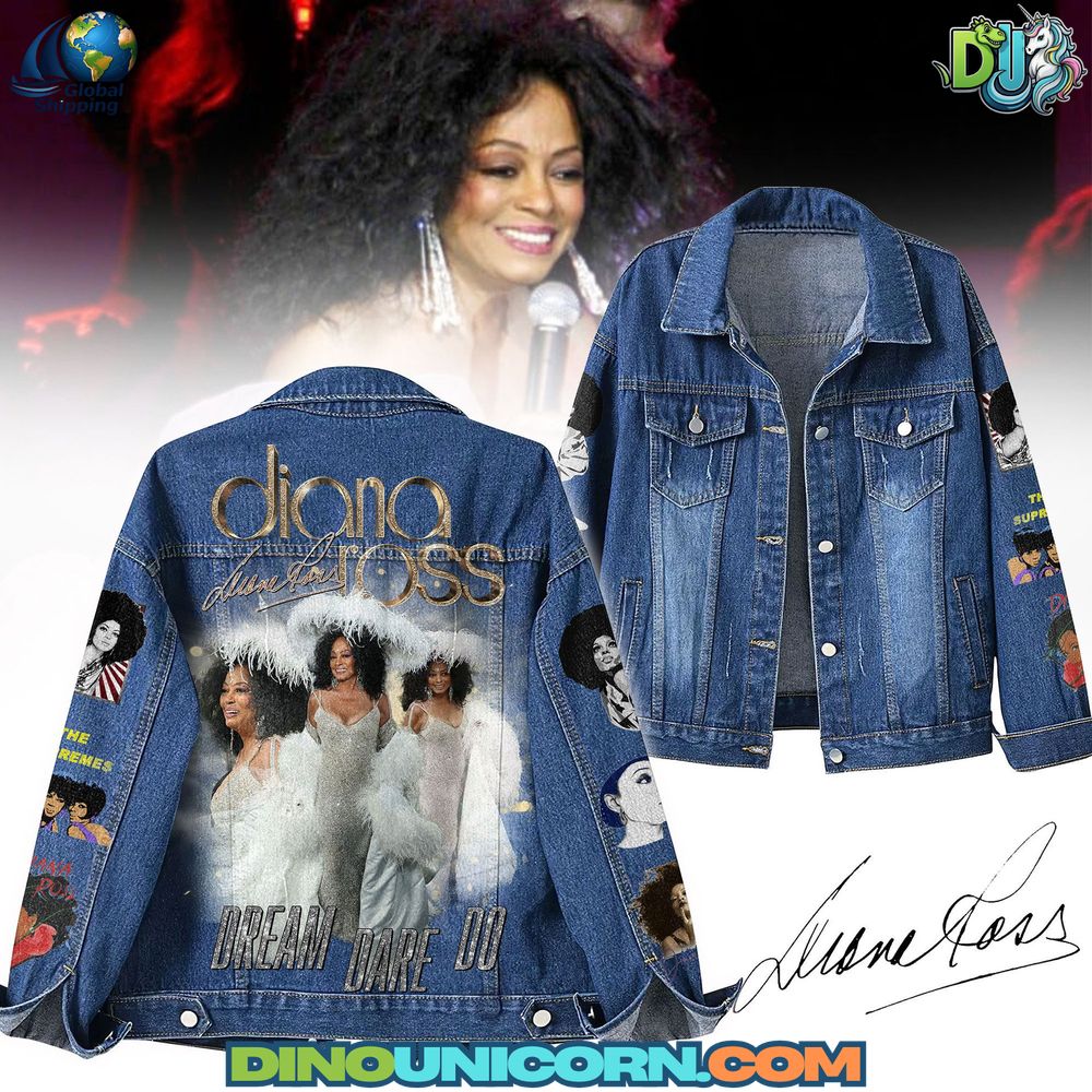 Diana Ross Denim Jacket Front and back view of a Diana Ross denim jacket featuring embroidered Supremes patches, bold Diana Ross graphic design, text “Dream Dare Do,” and detailed retro artwork celebrating the Motown legend.