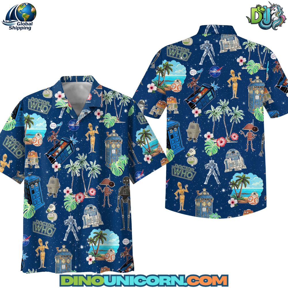 Doctor Who Hawaiian Shirt Doctor Who Hawaiian shirt with TARDIS and character prints, tropical beach-style aloha shirt, casual lightweight short sleeve vacation shirt for Doctor Who fans, unisex summer apparel.