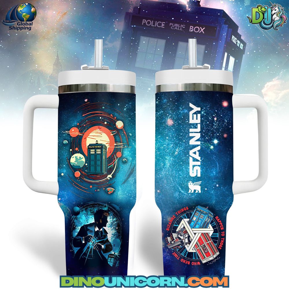 Doctor Who Stanley Tumbler Cup Doctor Who Stanley Tumbler Cup featuring TARDIS space-themed design, insulated stainless steel travel mug, collectible fan drinkware for hot and cold beverages, 32oz reusable tumbler.