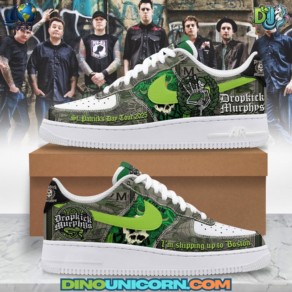 Dropkick Murphys Tour Air Force 1 Sneaker Dropkick Murphys Air Force 1 sneaker with Celtic graphics, green Nike swoosh, tour details, and “I’m Shipping Up to Boston” design, custom AF1 band shoes.