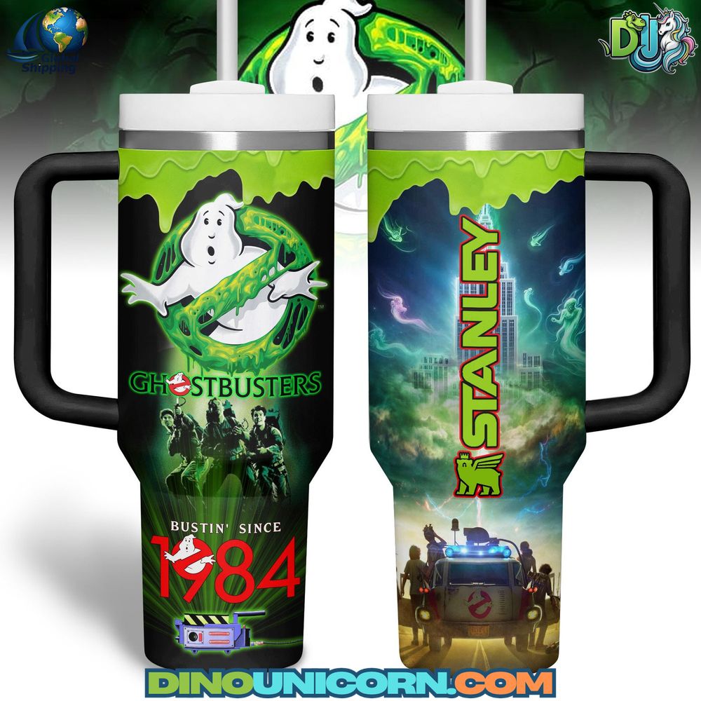 Ghostbusters Stanley Tumbler Cup Ghostbusters Stanley Tumbler Cup featuring neon green slime artwork, Ghostbusters logo, Ecto-1 design, and 1984 anniversary details, collectible insulated stainless steel drinkware for fans of the Ghostbusters movie franchise.